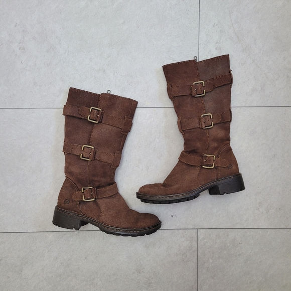 Born Shoes - Born Leather Brown Suede Tall Moto Strap Tessa Buckle Boots Size 6